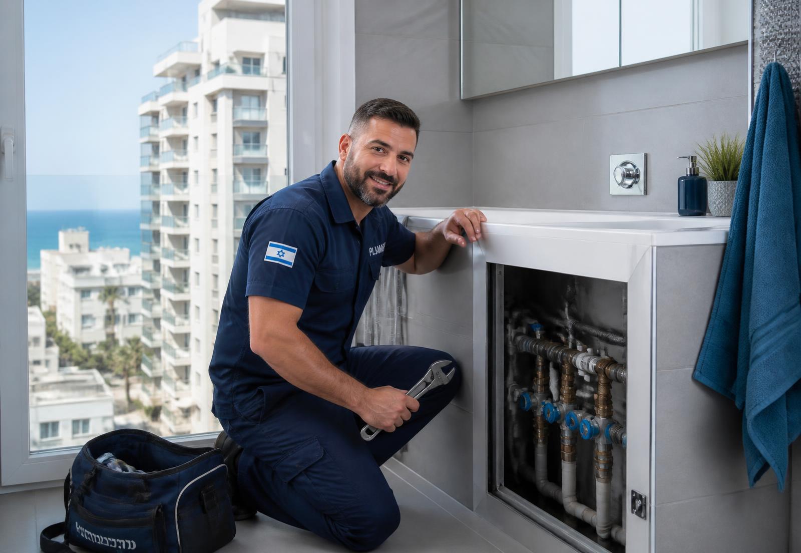 אינסטלטור עובד על צנרת מים בדירה בבת ים מול קו הים